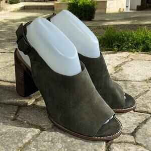 Madewell Cary Slingback Sandal Sz 8 Olive Green Suede Stacked 3.5" Block Heel